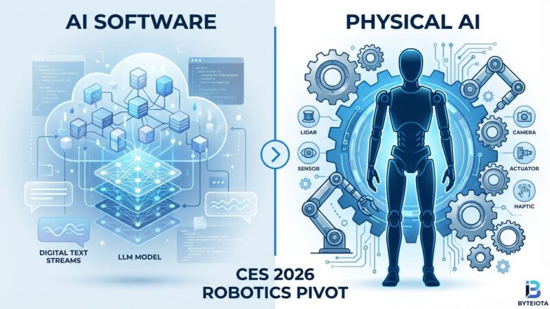 Split-screen comparison showing software AI on left versus physical robotics on right, illustrating CES 2026's pivot to physical AI