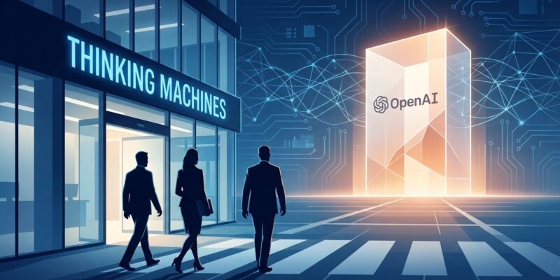 AI startup exodus illustration showing departure from Thinking Machines to OpenAI