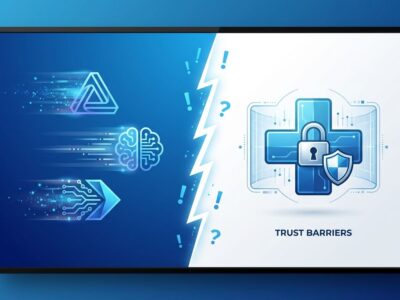 Split-screen illustration showing AI companies racing on left side versus healthcare trust barriers with lock and shield on right side