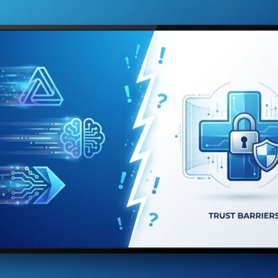 Split-screen illustration showing AI companies racing on left side versus healthcare trust barriers with lock and shield on right side