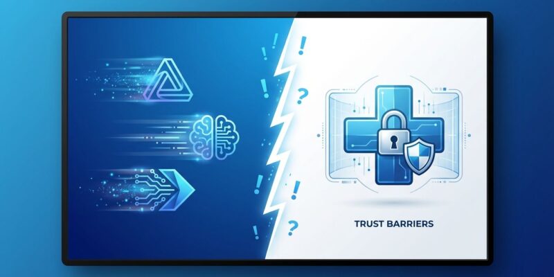Split-screen illustration showing AI companies racing on left side versus healthcare trust barriers with lock and shield on right side