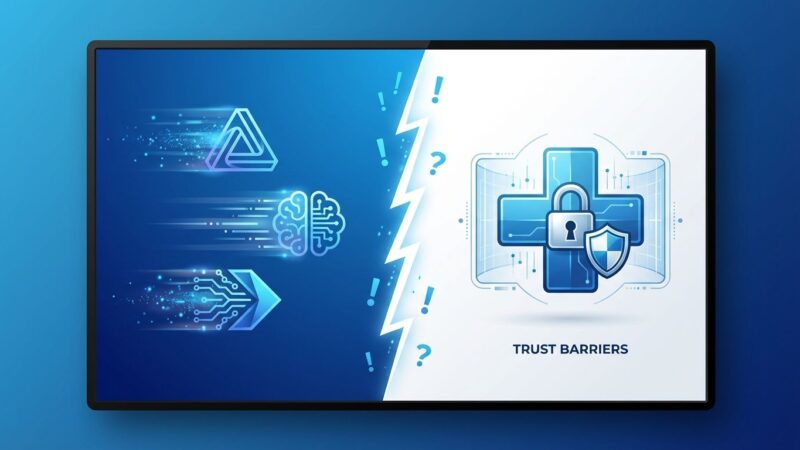 Split-screen illustration showing AI companies racing on left side versus healthcare trust barriers with lock and shield on right side