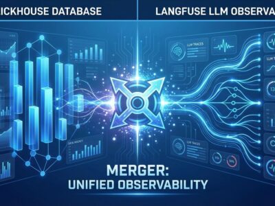 Split-screen visualization showing ClickHouse database and Langfuse LLM observability platform merger