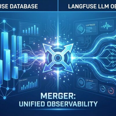 Split-screen visualization showing ClickHouse database and Langfuse LLM observability platform merger