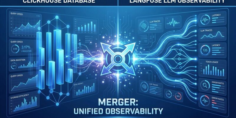 Split-screen visualization showing ClickHouse database and Langfuse LLM observability platform merger