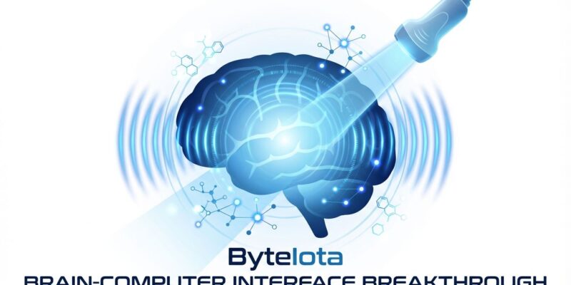 Brain-computer interface concept showing ultrasound and molecular reporter technology for non-invasive neural interfaces