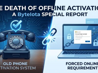 Split-screen comparison showing old phone activation versus new online portal with Microsoft account requirement