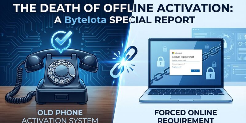 Split-screen comparison showing old phone activation versus new online portal with Microsoft account requirement