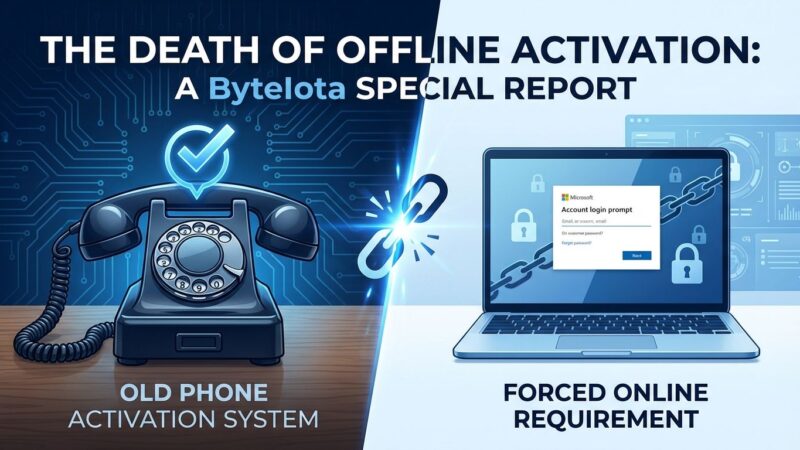 Split-screen comparison showing old phone activation versus new online portal with Microsoft account requirement