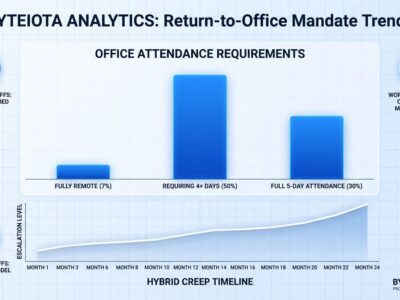 Data visualization showing return-to-office mandate statistics: 50% of companies require 4+ office days, only 7% allow remote work, with hybrid creep timeline graph