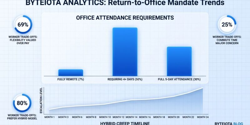 Data visualization showing return-to-office mandate statistics: 50% of companies require 4+ office days, only 7% allow remote work, with hybrid creep timeline graph