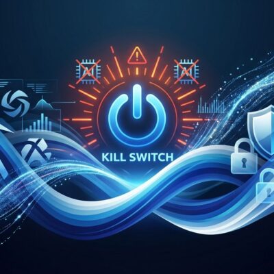 Abstract visualization of Mozilla Firefox AI backlash showing kill switch concept and user privacy conflict