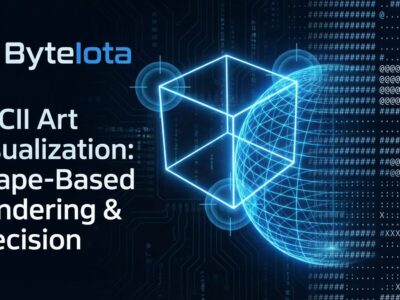 Abstract visualization of ASCII shape vectors showing geometric shapes converted to ASCII characters with spatial sampling circles in blue and white ByteIota brand colors