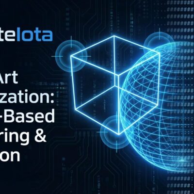 Abstract visualization of ASCII shape vectors showing geometric shapes converted to ASCII characters with spatial sampling circles in blue and white ByteIota brand colors