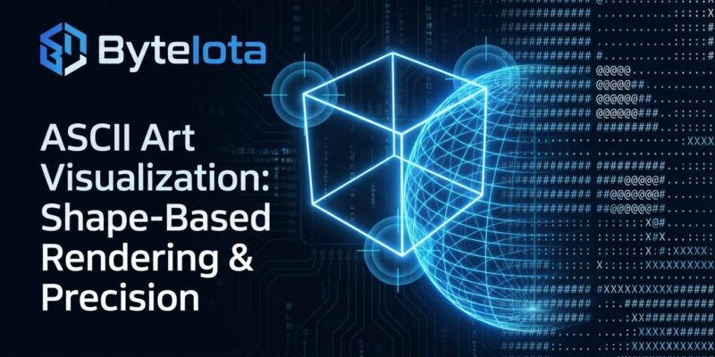 Abstract visualization of ASCII shape vectors showing geometric shapes converted to ASCII characters with spatial sampling circles in blue and white ByteIota brand colors