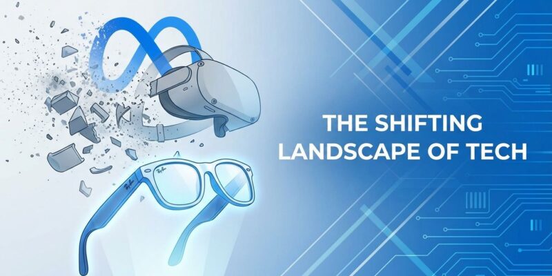 Meta Reality Labs layoffs visualization showing VR headset and Ray-Ban smart glasses representing strategic pivot from metaverse to AI wearables