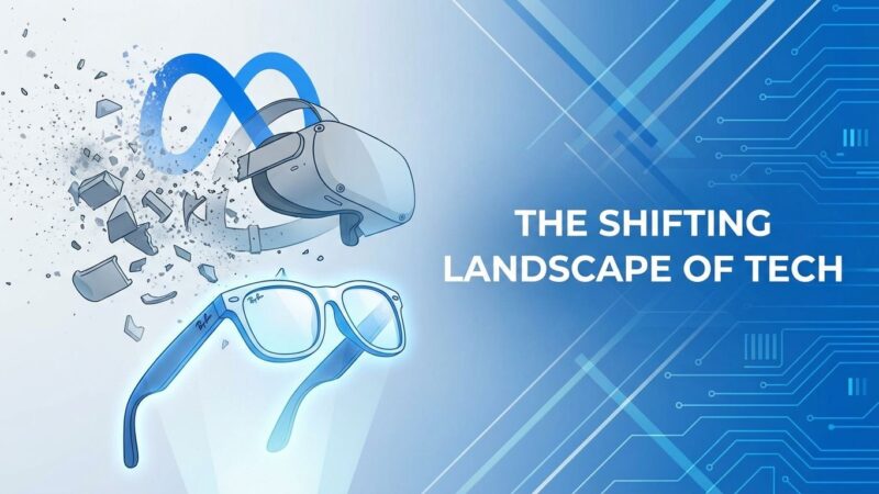 Meta Reality Labs layoffs visualization showing VR headset and Ray-Ban smart glasses representing strategic pivot from metaverse to AI wearables
