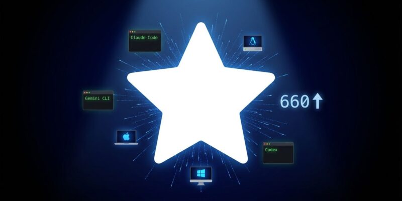 GitHub star icon with radiating particles representing AionUI trending #1, orbited by AI CLI tool icons (Claude Code, Gemini CLI, Codex) and cross-platform symbols