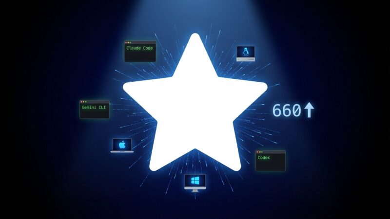 GitHub star icon with radiating particles representing AionUI trending #1, orbited by AI CLI tool icons (Claude Code, Gemini CLI, Codex) and cross-platform symbols