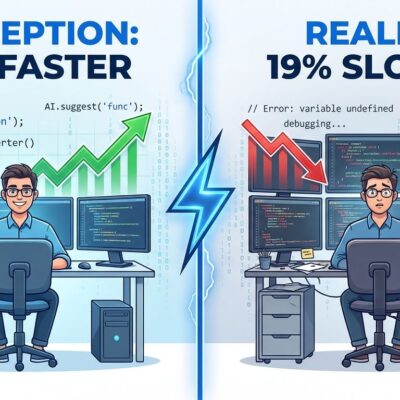 Split-screen comparison showing perception vs reality of AI coding productivity - left showing 20% faster perception, right showing 19% slower reality