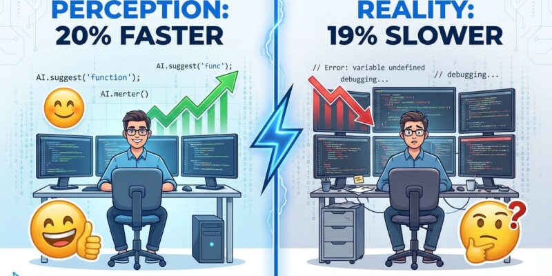 Split-screen comparison showing perception vs reality of AI coding productivity - left showing 20% faster perception, right showing 19% slower reality