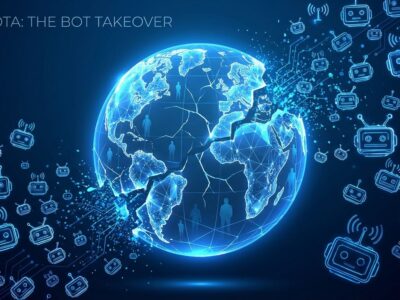 Conceptual illustration showing fractured digital globe being overtaken by bot symbols, representing Dead Internet Theory with 51% bot traffic dominance