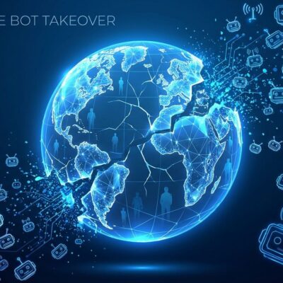 Conceptual illustration showing fractured digital globe being overtaken by bot symbols, representing Dead Internet Theory with 51% bot traffic dominance