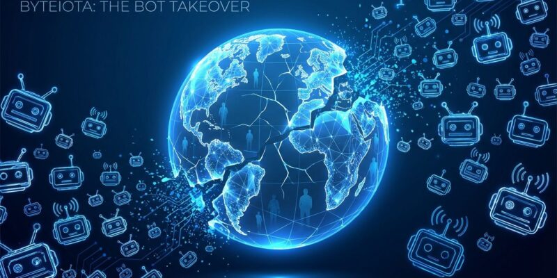 Conceptual illustration showing fractured digital globe being overtaken by bot symbols, representing Dead Internet Theory with 51% bot traffic dominance