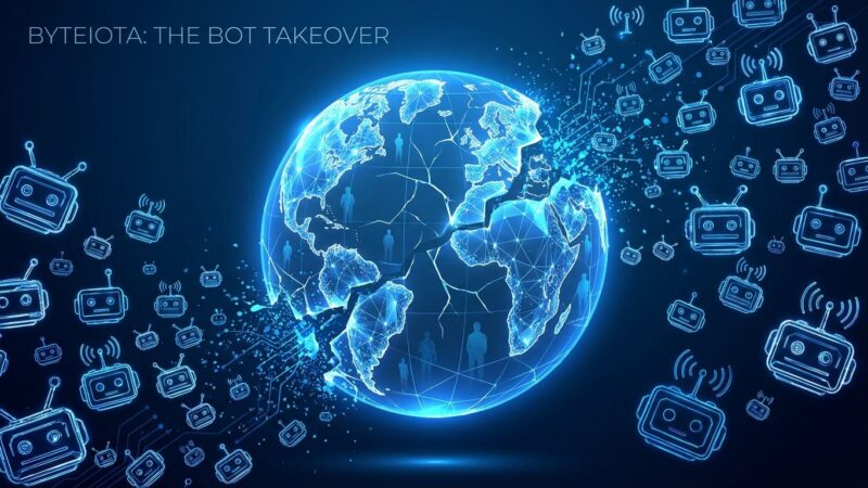 Conceptual illustration showing fractured digital globe being overtaken by bot symbols, representing Dead Internet Theory with 51% bot traffic dominance