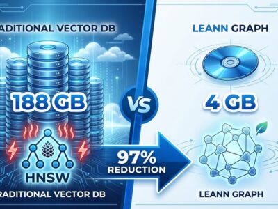 Split-screen comparison showing LEANN's 97% storage reduction: 188 GB traditional vector database on left vs 4 GB LEANN index on right