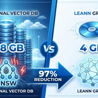 Split-screen comparison showing LEANN's 97% storage reduction: 188 GB traditional vector database on left vs 4 GB LEANN index on right