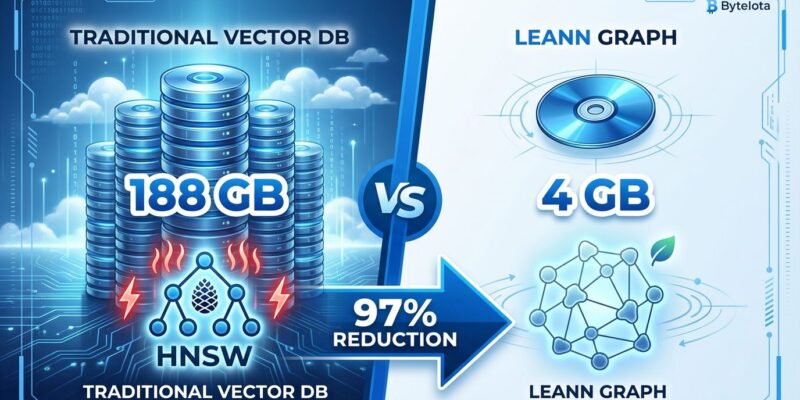Split-screen comparison showing LEANN's 97% storage reduction: 188 GB traditional vector database on left vs 4 GB LEANN index on right