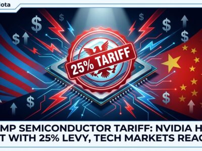 Nvidia H200 GPU chip with 25% tariff stamp and US-China geopolitical tension visual