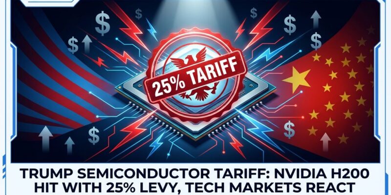 Nvidia H200 GPU chip with 25% tariff stamp and US-China geopolitical tension visual