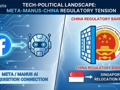 Split-screen showing Meta logo and Manus AI agent on left, Chinese Ministry seal and regulatory barrier on right