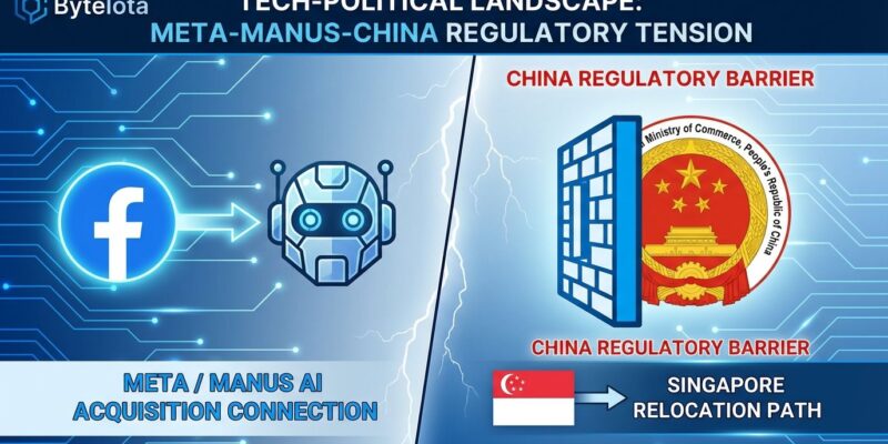 Split-screen showing Meta logo and Manus AI agent on left, Chinese Ministry seal and regulatory barrier on right