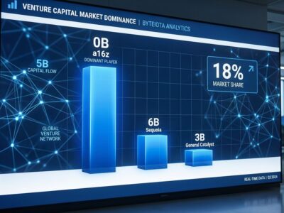 Data visualization showing a16z 90B AUM compared to Sequoia and General Catalyst, highlighting 18 percent US VC market share