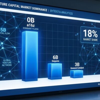 Data visualization showing a16z 90B AUM compared to Sequoia and General Catalyst, highlighting 18 percent US VC market share