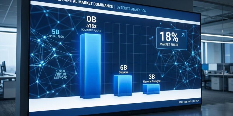 Data visualization showing a16z 90B AUM compared to Sequoia and General Catalyst, highlighting 18 percent US VC market share
