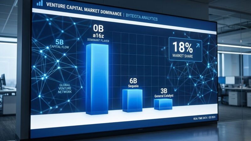 Data visualization showing a16z 90B AUM compared to Sequoia and General Catalyst, highlighting 18 percent US VC market share