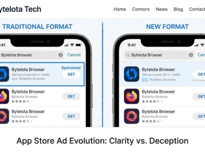 Split-screen comparison showing Apple App Store traditional blue-highlighted ads versus new blended ads with minimal labeling