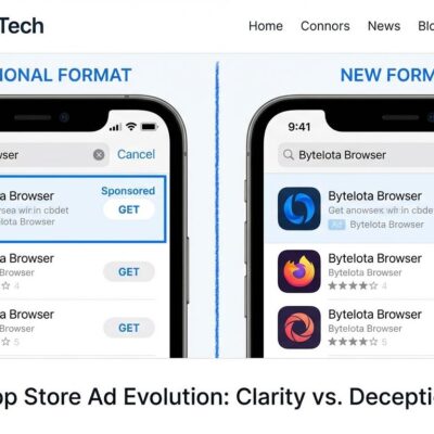 Split-screen comparison showing Apple App Store traditional blue-highlighted ads versus new blended ads with minimal labeling
