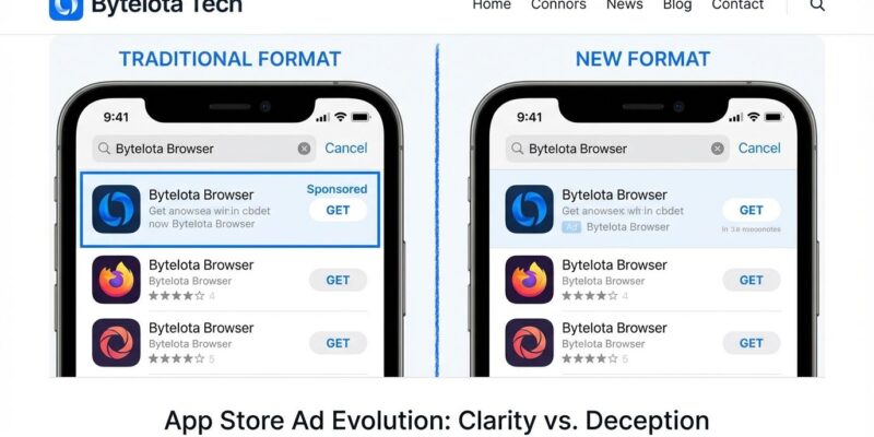 Split-screen comparison showing Apple App Store traditional blue-highlighted ads versus new blended ads with minimal labeling
