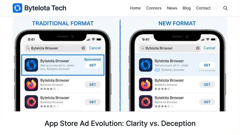 Split-screen comparison showing Apple App Store traditional blue-highlighted ads versus new blended ads with minimal labeling