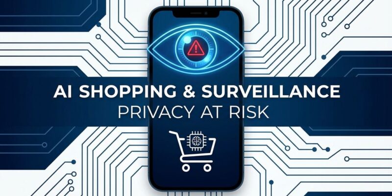 AI shopping surveillance concept with smartphone and warning symbols