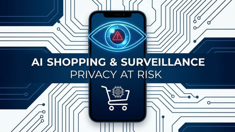 AI shopping surveillance concept with smartphone and warning symbols