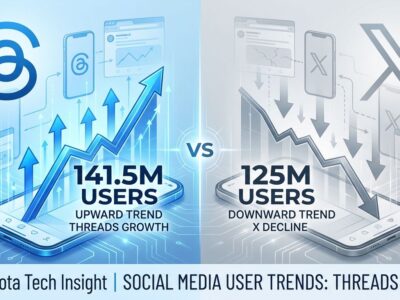 Split-screen comparison showing Threads 141.5M mobile users vs X 125M mobile users with growth trends