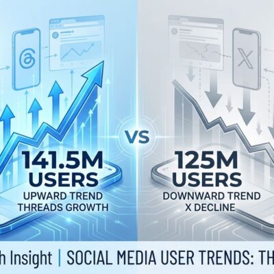 Split-screen comparison showing Threads 141.5M mobile users vs X 125M mobile users with growth trends