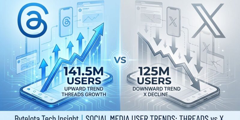 Split-screen comparison showing Threads 141.5M mobile users vs X 125M mobile users with growth trends