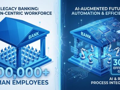 Split-screen illustration showing European banking workforce transformation from human workers to AI automation